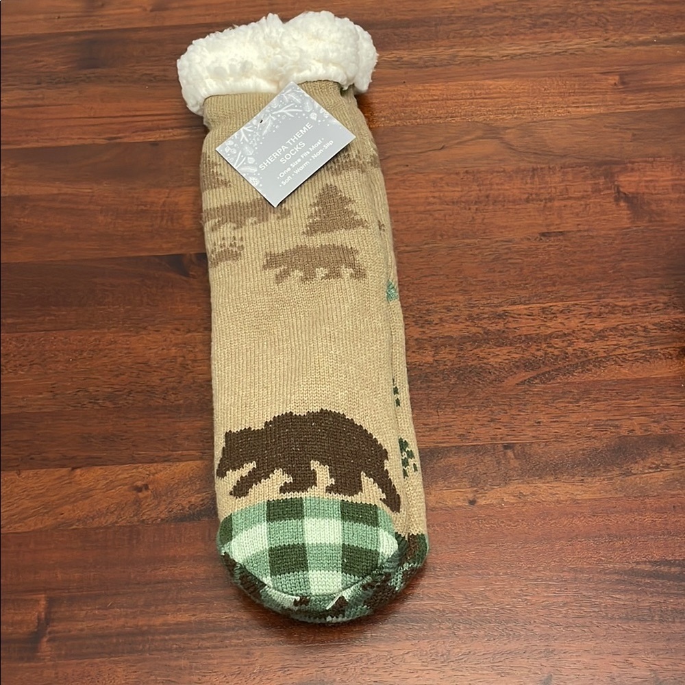 Major Trading Unisex Cozy Bear Print Knit  Brown Tan Sherpa Socks New size OSMF